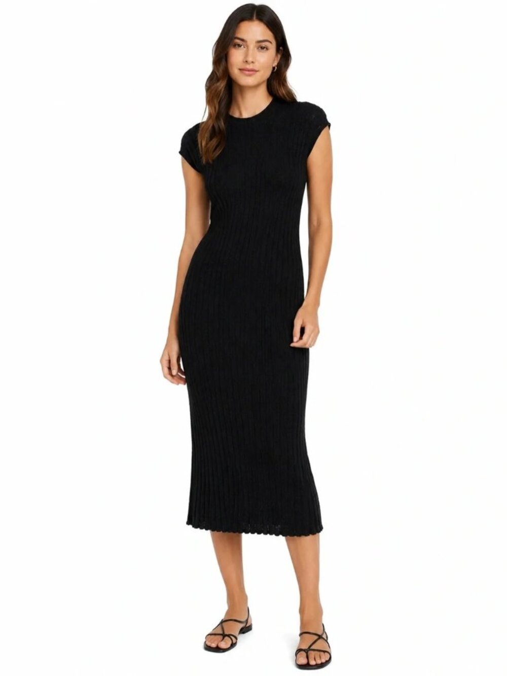 Everlane Black Rib Knit European Flax Linen Cap Sleeve Stretch Midi Dress XL